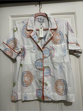 Damson Madder White Short Sleeve Button Top with Orange Piping